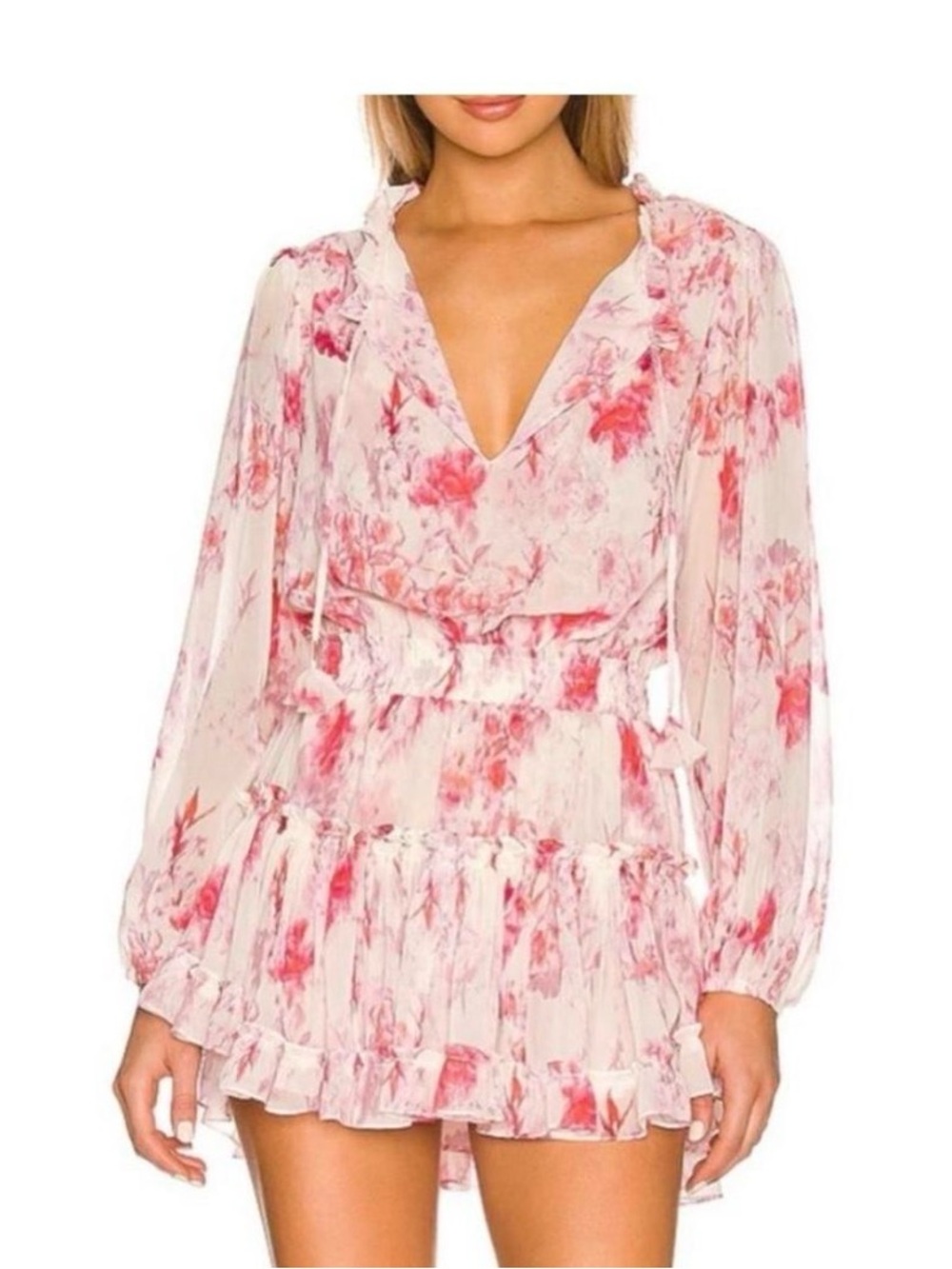 Misa Los Angeles Pink Floral Ruffle Tiered Mini Dress